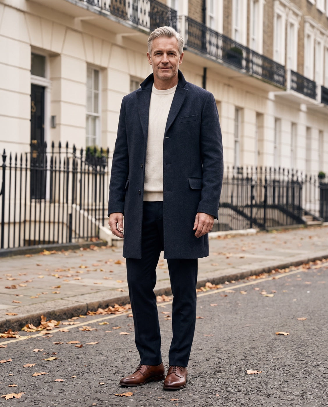 Man in a navy wool overcoat on a Georgian London street