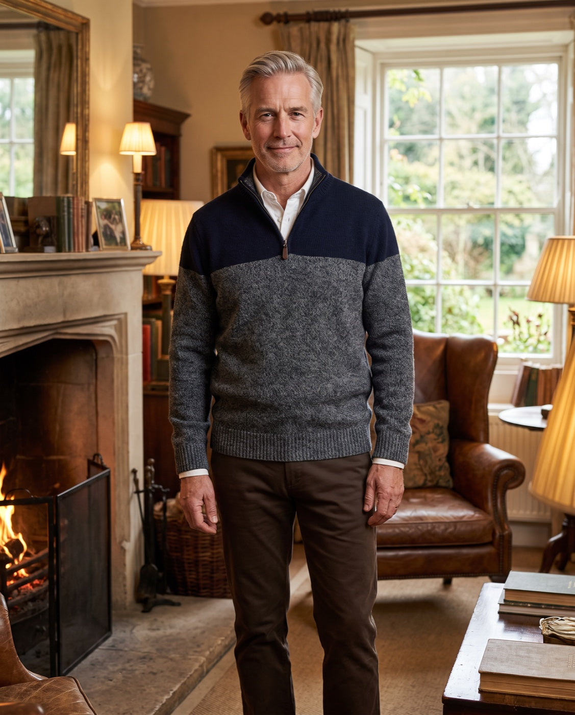 Man in a navy and grey quarter-zip jumper by a fireplace