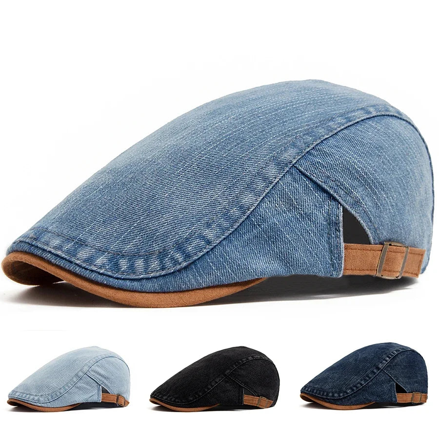 Men's Washed Denim Flat Cap | Adjustable Fit
