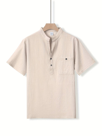 Men's Grandad Collar Henley Shirt | Short Sleeve