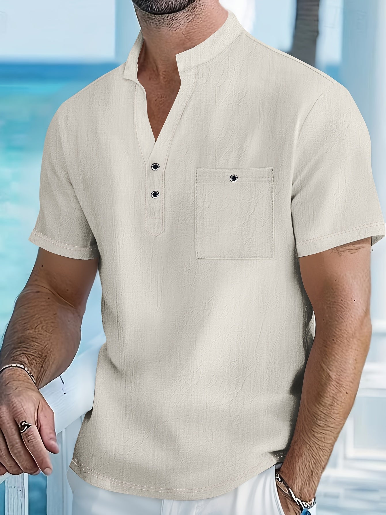 Men's Grandad Collar Henley Shirt | Short Sleeve