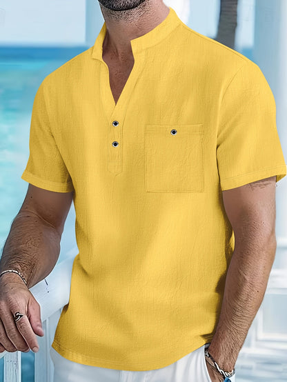 Men's Grandad Collar Henley Shirt | Short Sleeve