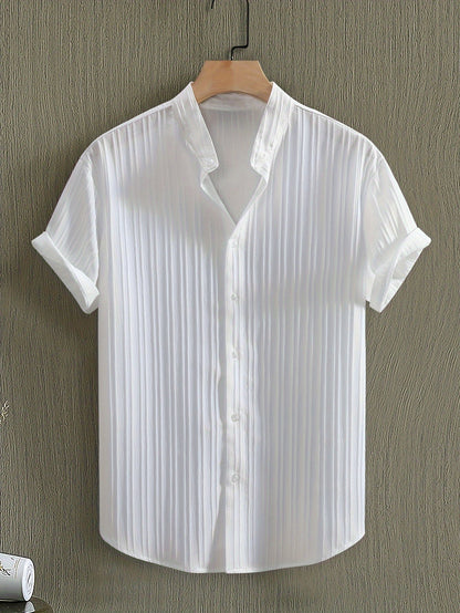 Men's Grandad Collar Textured Shirt | Short Sleeve