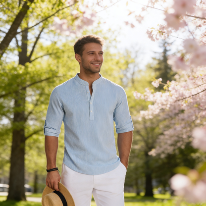 Men's Grandad Collar Striped Shirt | Long Sleeve