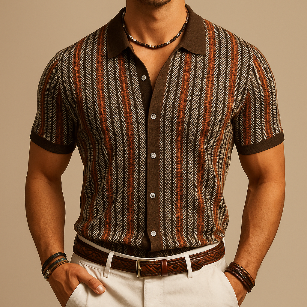 Men's Striped Camp Collar Shirt | Short Sleeve