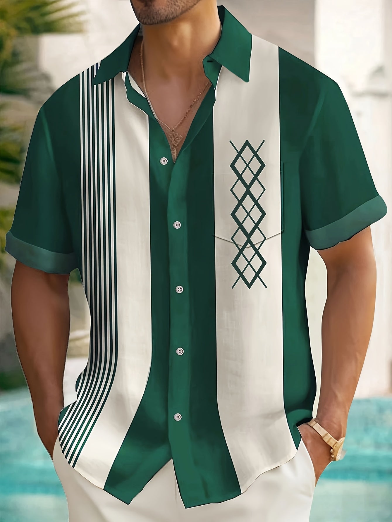 Men's Short Sleeve Bowling Shirt | Striped