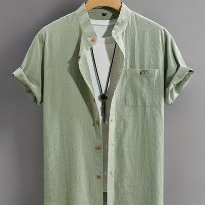 Men's Short Sleeve Grandad Collar Shirt | Chest Pocket