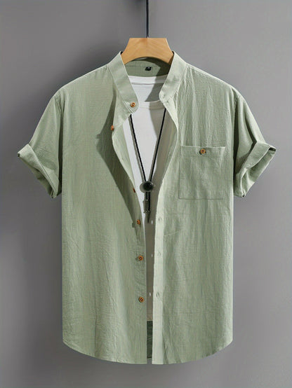 Men's Short Sleeve Grandad Collar Shirt | Chest Pocket