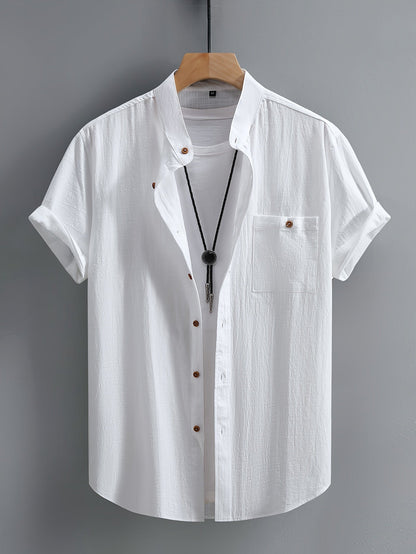 Men's Short Sleeve Grandad Collar Shirt | Chest Pocket