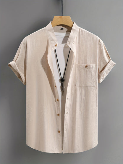 Men's Short Sleeve Grandad Collar Shirt | Chest Pocket