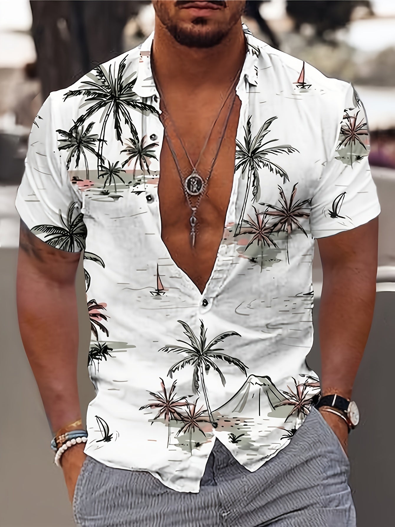 Men's Short Sleeve Palm Print Shirt | Hawaiian