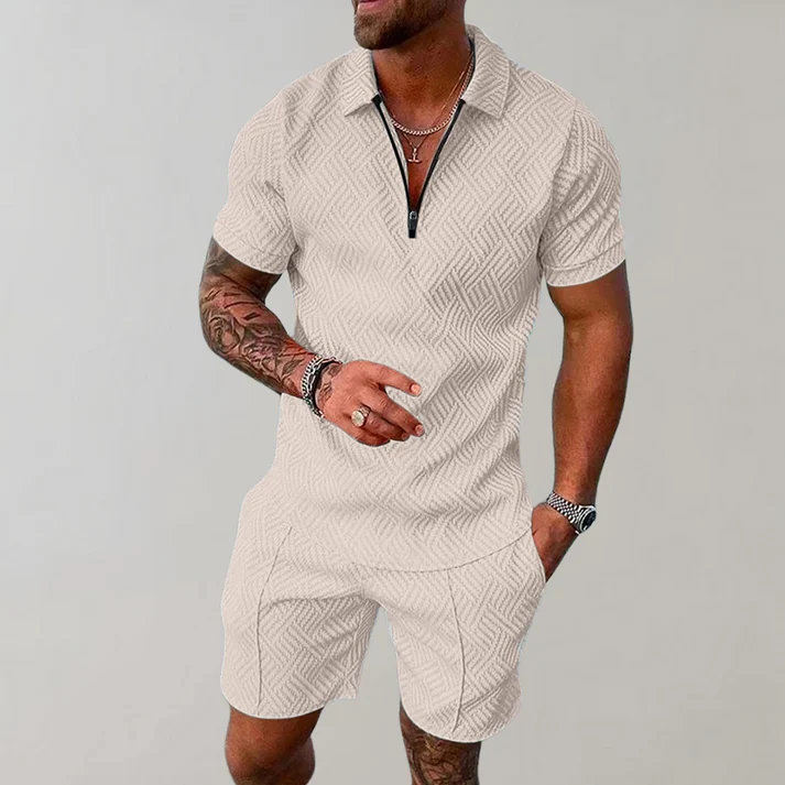 Men's Textured Zip Polo Set | Short Sleeve