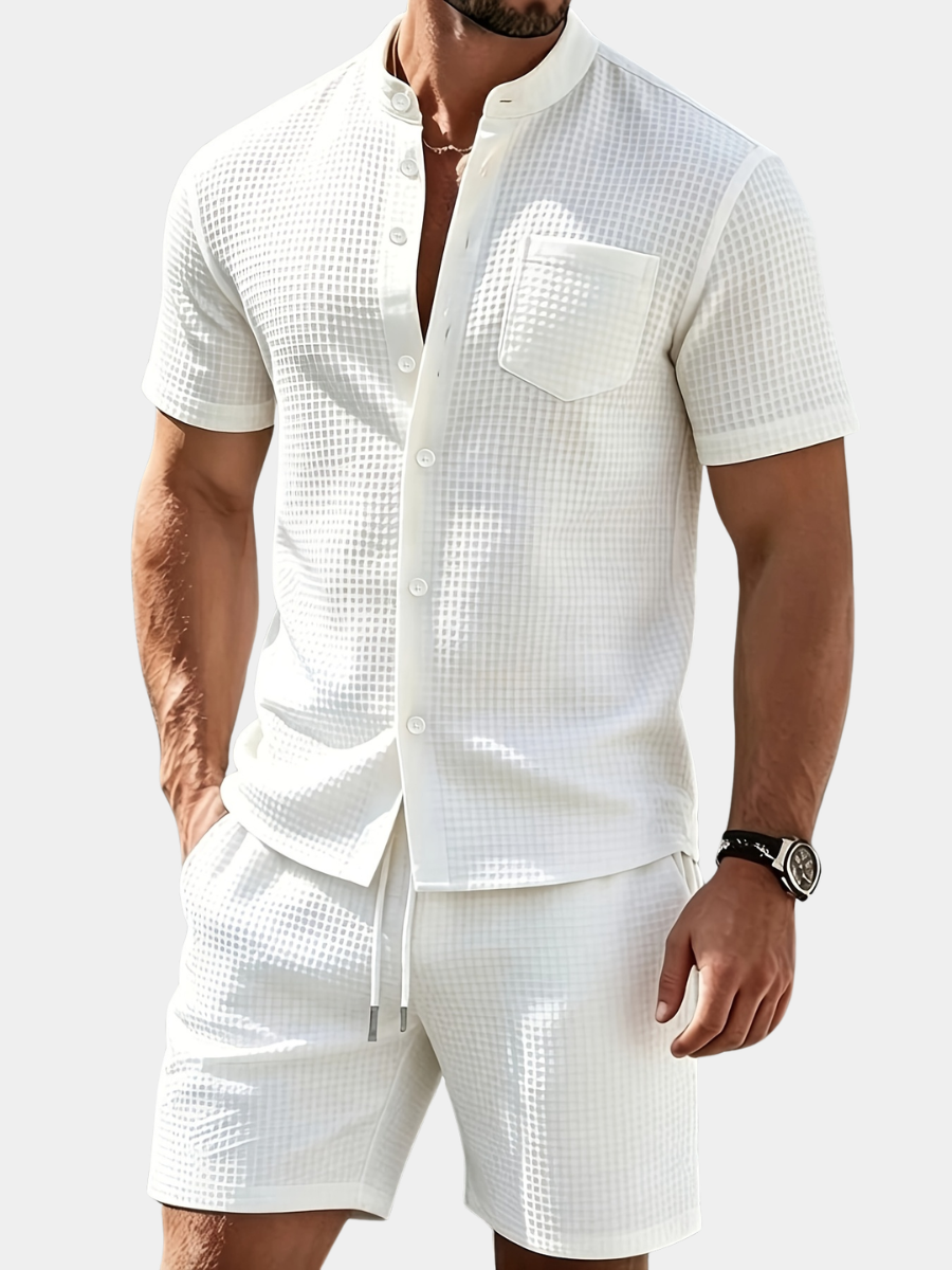 Men's Grandad Collar Checked Shirt | Short Sleeve