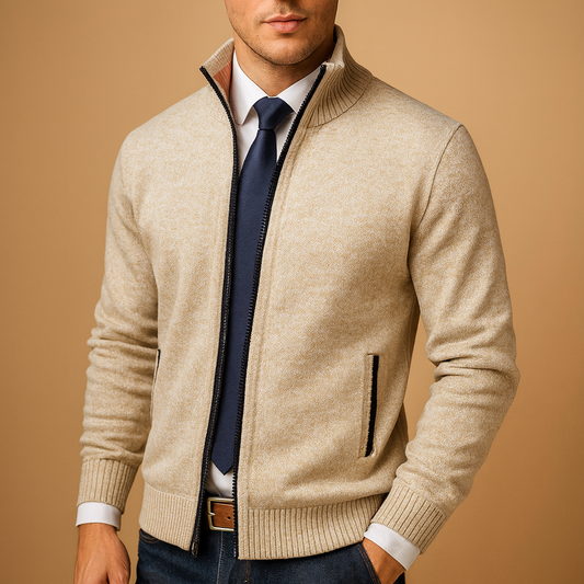 Men's Mock Neck Zip Cardigan – Beige